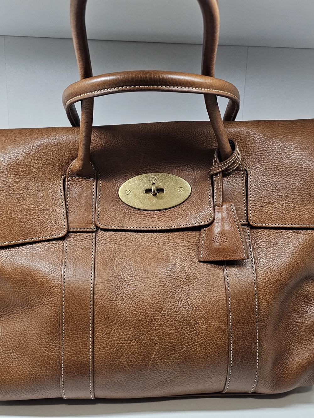 Mulberry Brown Leather Duffel Bag with Gold Hardware
